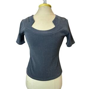 Vintage Y2K Cinq Shimmer Top Women's S/M Gray Square Neck Short Sleeve Blouse